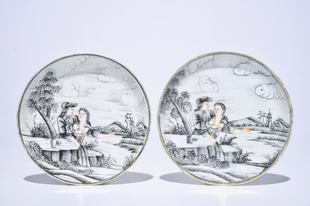 A pair of Chinese grisaille and gilt saucers with erotic scenes, Qianlong